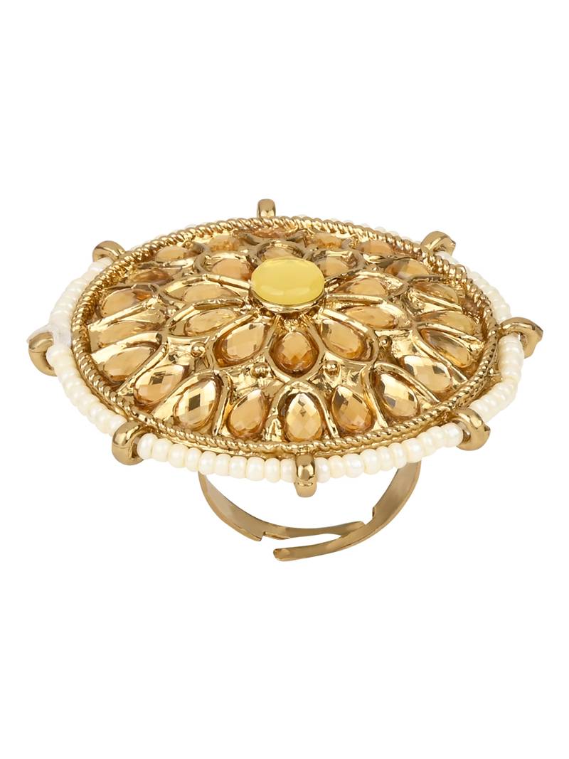 Gold Plated Ethnic Adjustable Brass Finger Ring Embellished With ghungroo and pearl 