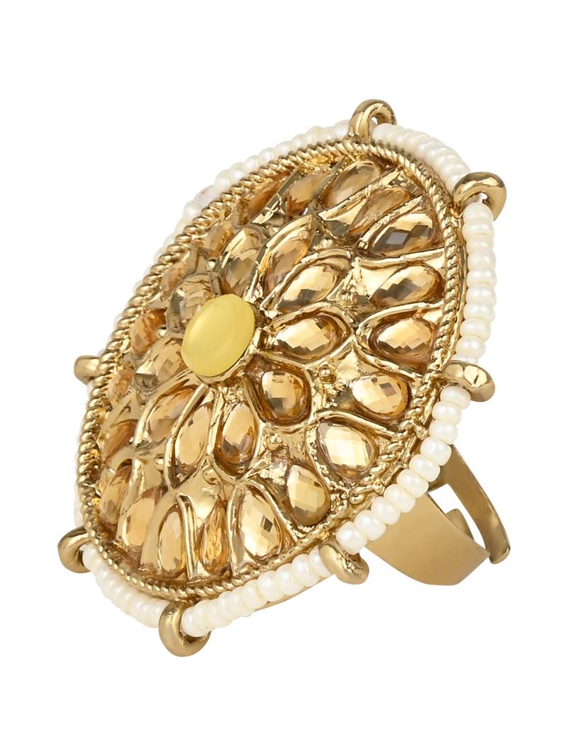 Gold Plated Ethnic Adjustable Brass Finger Ring Embellished With ghungroo and pearl 