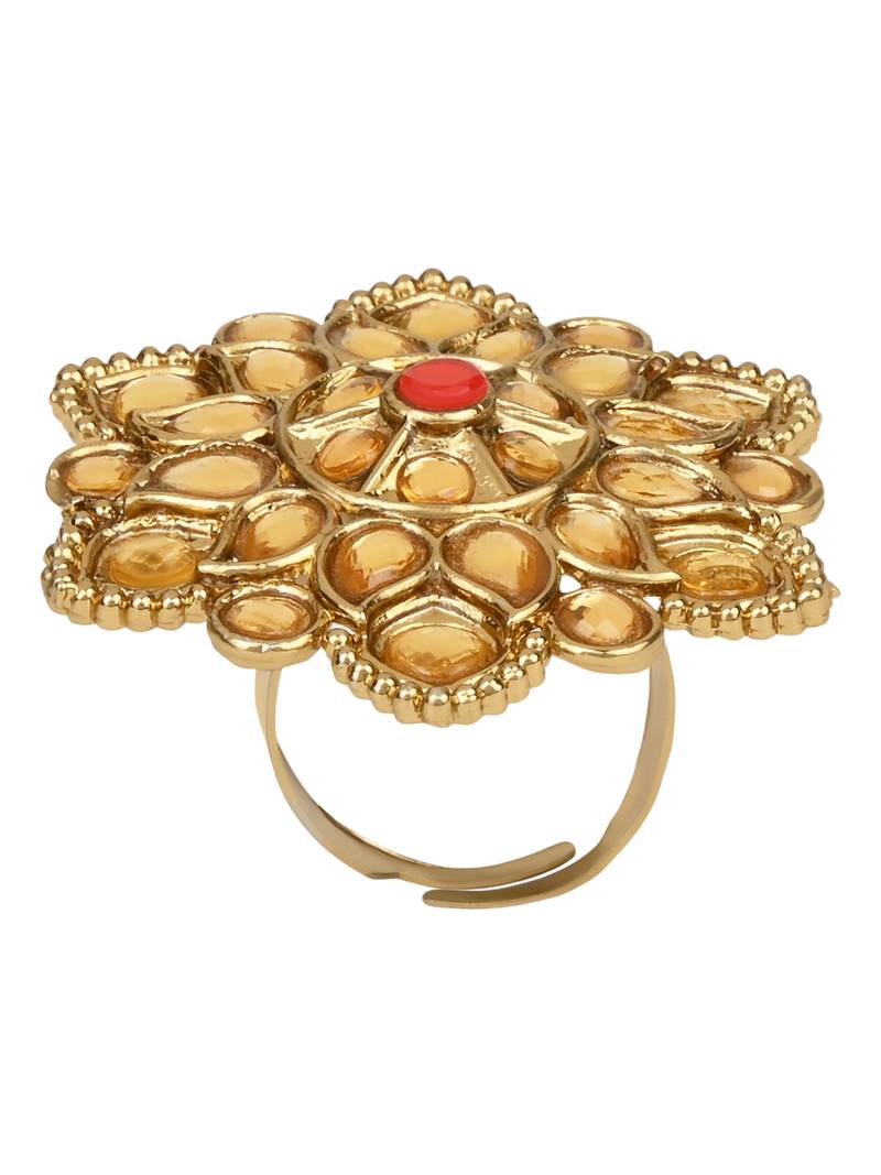 Gold Plated Ethnic Adjustable Brass Finger Ring Embellished With ghungroo and pearl 