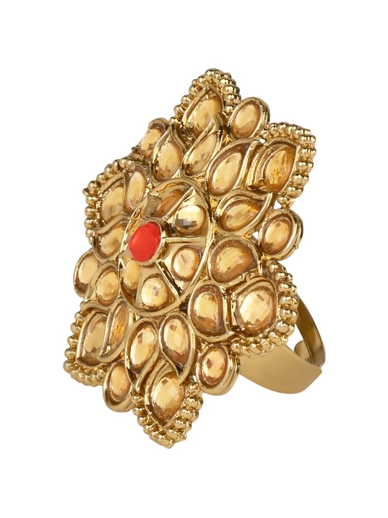 Gold Plated Ethnic Adjustable Brass Finger Ring Embellished With ghungroo and pearl 