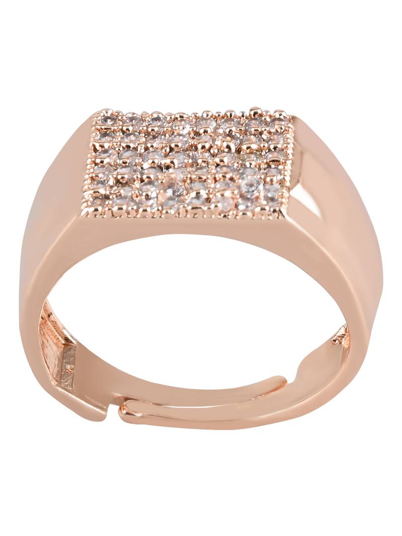 Valentine's Special Rose Gold Plated Elegant Classy CZ Crystal Adjustable Finger Ring for Men & Boys 