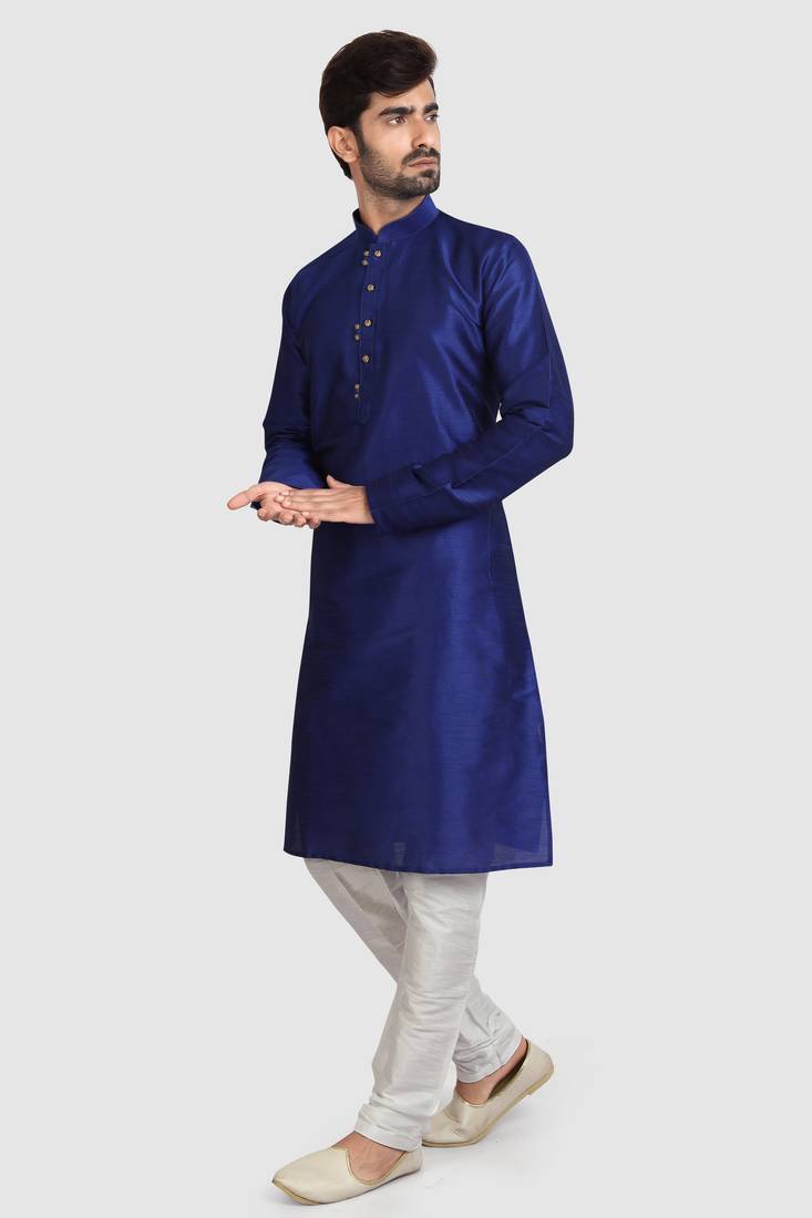Blue plain art dupion silk kurta-pajama