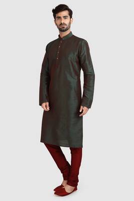 Green plain art dupion silk kurta-pajama 1