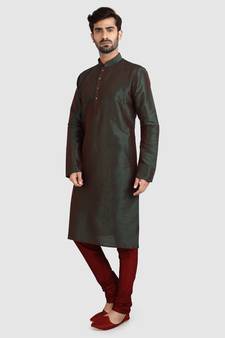 Green plain art dupion silk kurta-pajama