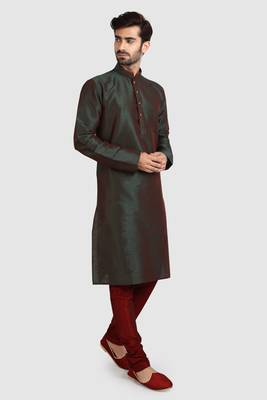 Green plain art dupion silk kurta-pajama 2