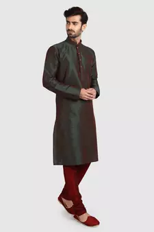 Green plain art dupion silk kurta-pajama