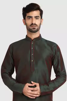 Green plain art dupion silk kurta-pajama