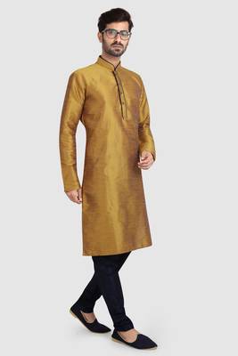 Gold plain art dupion silk kurta-pajama 1