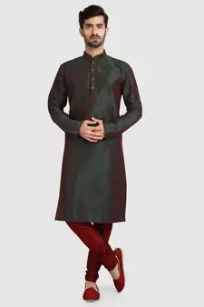 Green plain art dupion silk kurta-pajama