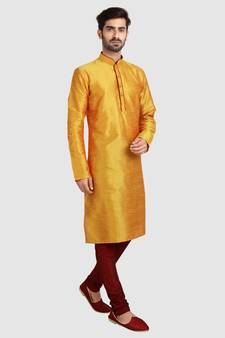 Yellow plain art dupion silk kurta-pajama