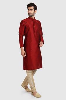 Maroon plain art dupion silk kurta-pajama
