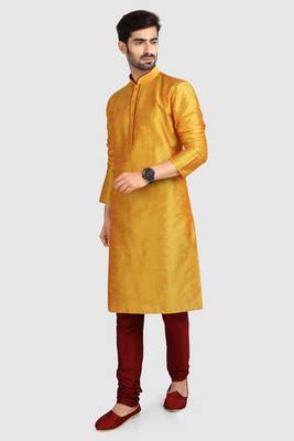 Yellow plain art dupion silk kurta-pajama 2