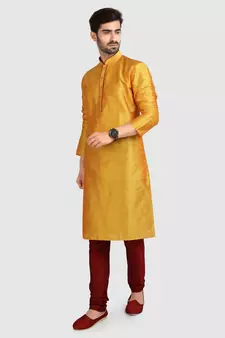 Yellow plain art dupion silk kurta-pajama