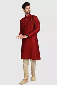 Maroon plain art dupion silk kurta-pajama
