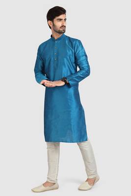 Blue plain art dupion silk kurta-pajama 1