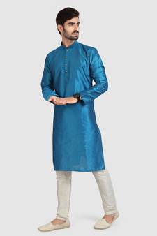 Blue plain art dupion silk kurta-pajama