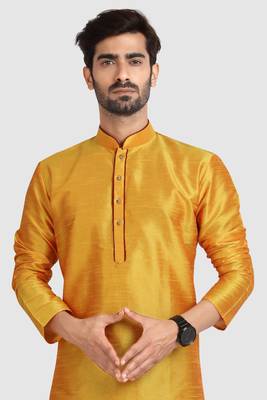 Yellow plain art dupion silk kurta-pajama 3