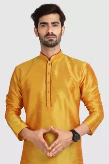 Yellow plain art dupion silk kurta-pajama