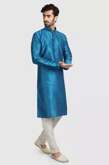Blue plain art dupion silk kurta-pajama