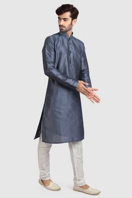 Grey plain art dupion silk kurta-pajama 2