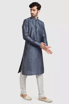 Grey plain art dupion silk kurta-pajama