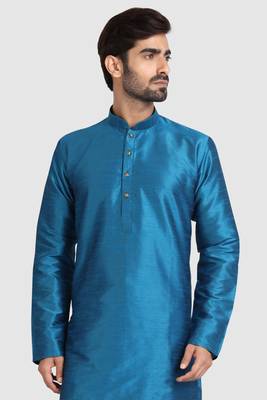 Blue plain art dupion silk kurta-pajama 3