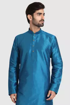Blue plain art dupion silk kurta-pajama