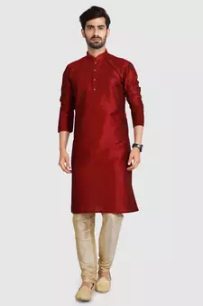 Maroon plain art dupion silk kurta-pajama