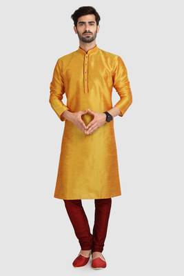Yellow plain art dupion silk kurta-pajama 5