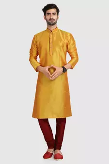 Yellow plain art dupion silk kurta-pajama