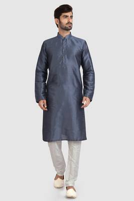 Grey plain art dupion silk kurta-pajama 5