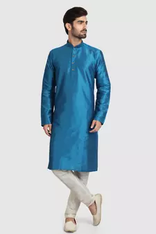 Blue plain art dupion silk kurta-pajama