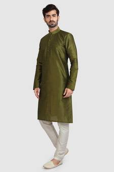 Green plain art dupion silk kurta-pajama