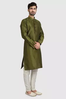 Green plain art dupion silk kurta-pajama