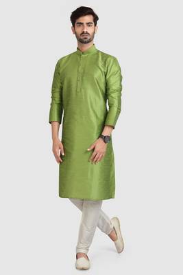 Green plain art dupion silk kurta-pajama 1
