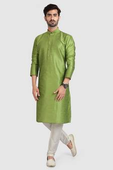 Green plain art dupion silk kurta-pajama