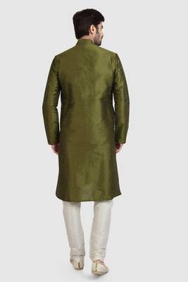 Green plain art dupion silk kurta-pajama 4