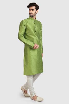 Green plain art dupion silk kurta-pajama 2