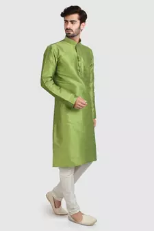 Green plain art dupion silk kurta-pajama