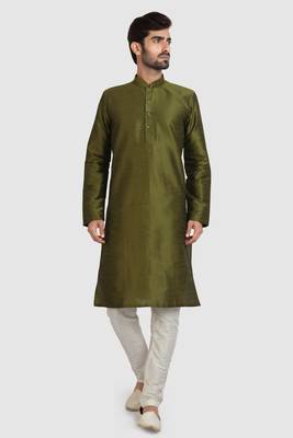 Green plain art dupion silk kurta-pajama 5