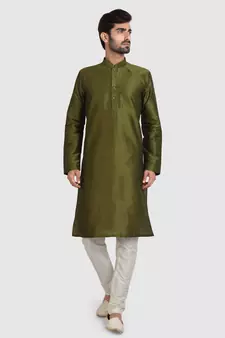 Green plain art dupion silk kurta-pajama