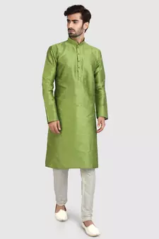 Green plain art dupion silk kurta-pajama