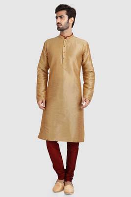 Gold plain art dupion silk kurta-pajama 5