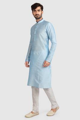 Blue plain art dupion silk kurta-pajama 1