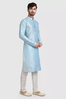 Blue plain art dupion silk kurta-pajama