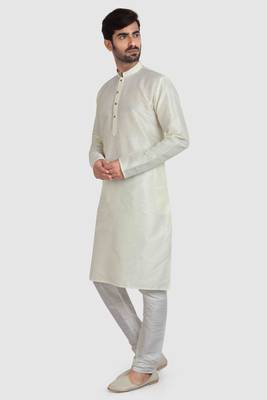 cream plain art dupion silk kurta-pajama 1