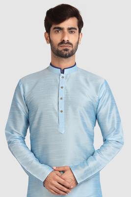Blue plain art dupion silk kurta-pajama 3