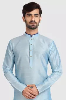 Blue plain art dupion silk kurta-pajama