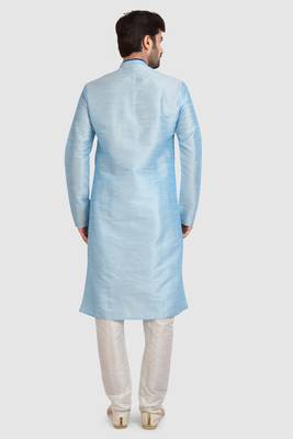 Blue plain art dupion silk kurta-pajama 4