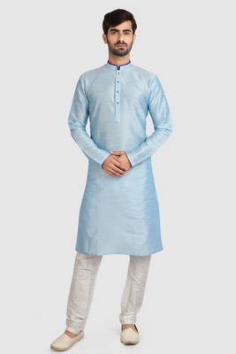 Blue plain art dupion silk kurta-pajama 5